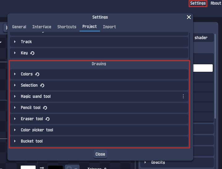 Drawing tool settings
