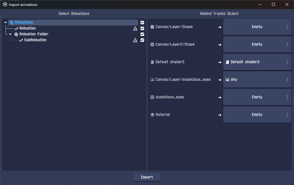 Import animations window